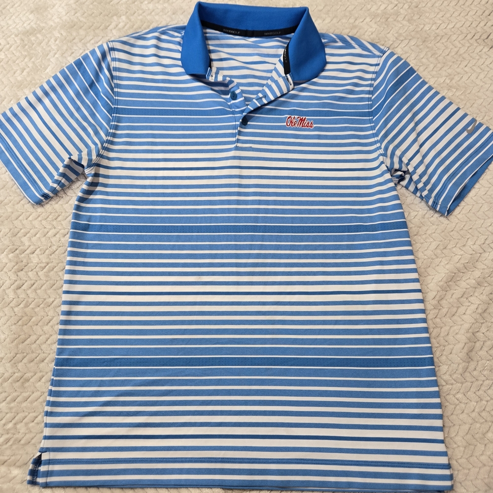 Nike Golf Mens Medium Ole Miss Rebels Dri-FIT Striped Polo Shirt Blue White